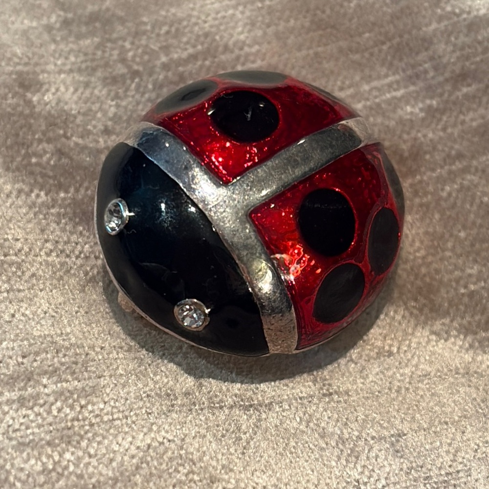 Red and Black Ladybug Silver Necklace with Crystal Accents Also A Brooch Signed
